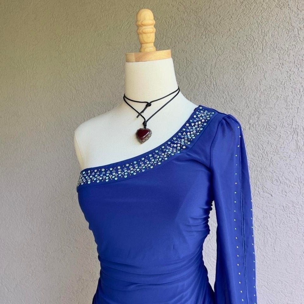 Y2K Deb Blue Rhinestone Mini Dress Medium Party Club One Shoulder Long Sleeve - Picture 2 of 7